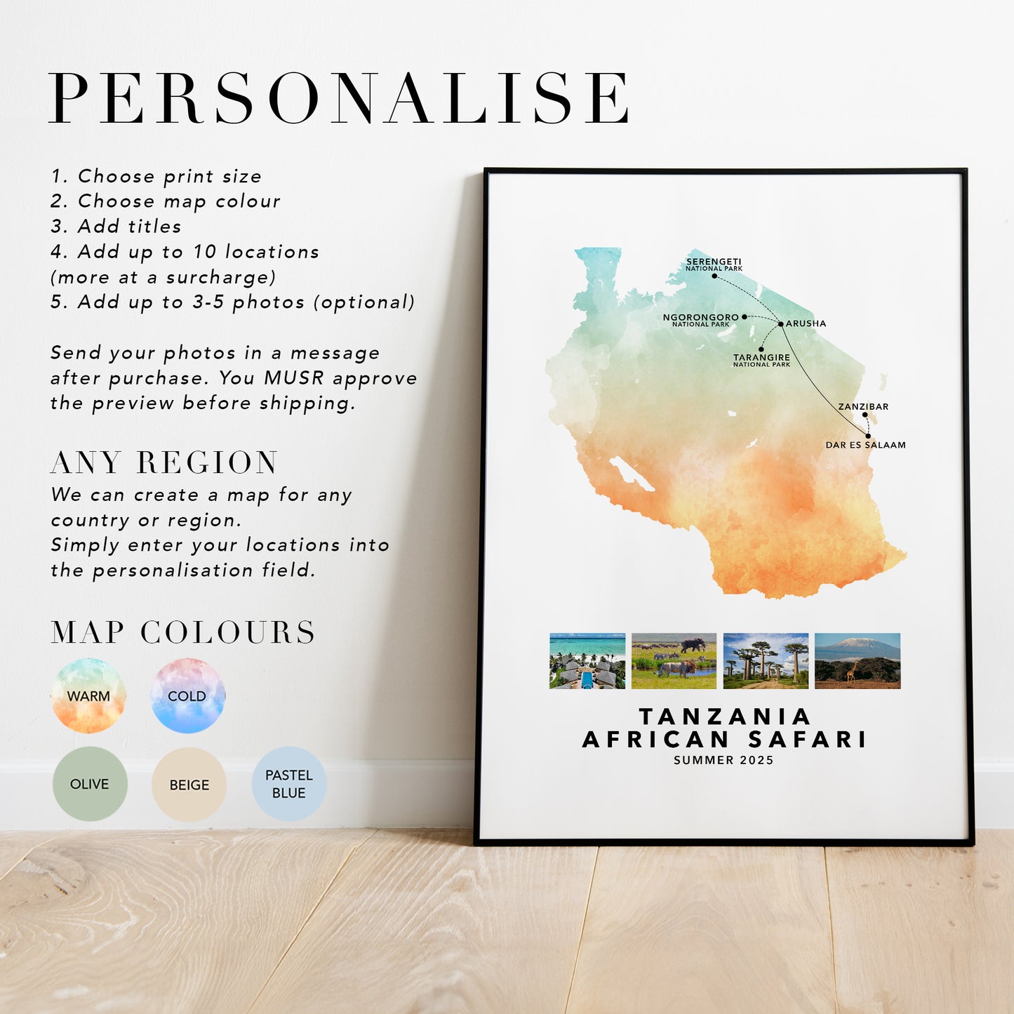 Tanzania African Safari Personalised Travel Map Print with Photo Collage
