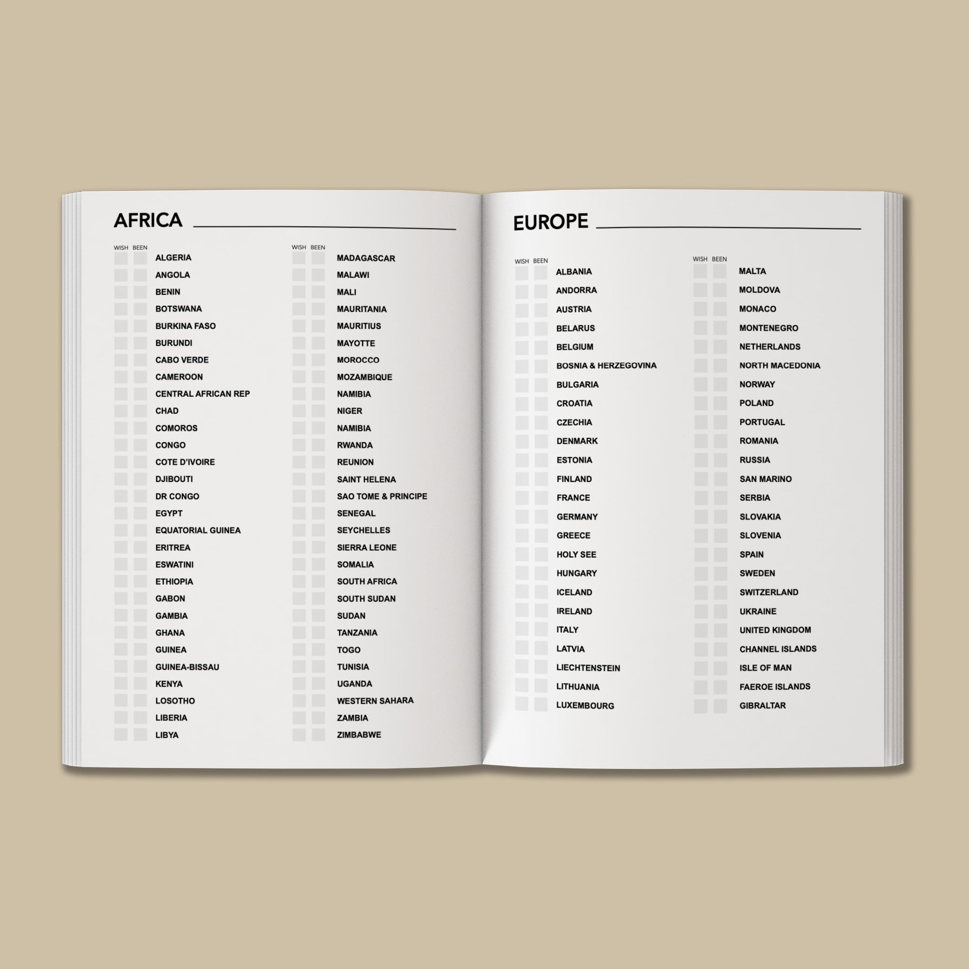 an open book with a list of countries