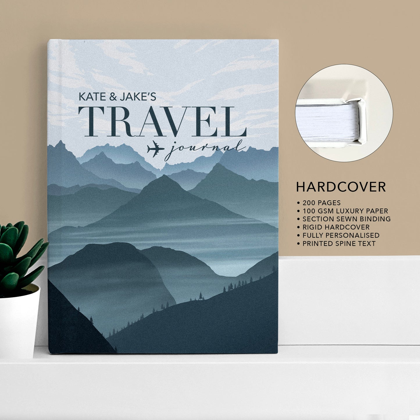 a travel journal sitting on a shelf next to a potted plant