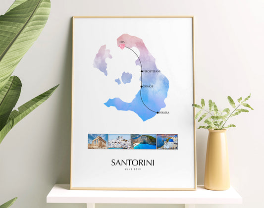 Santorini Personalised Travel Map Print with Photo Collage