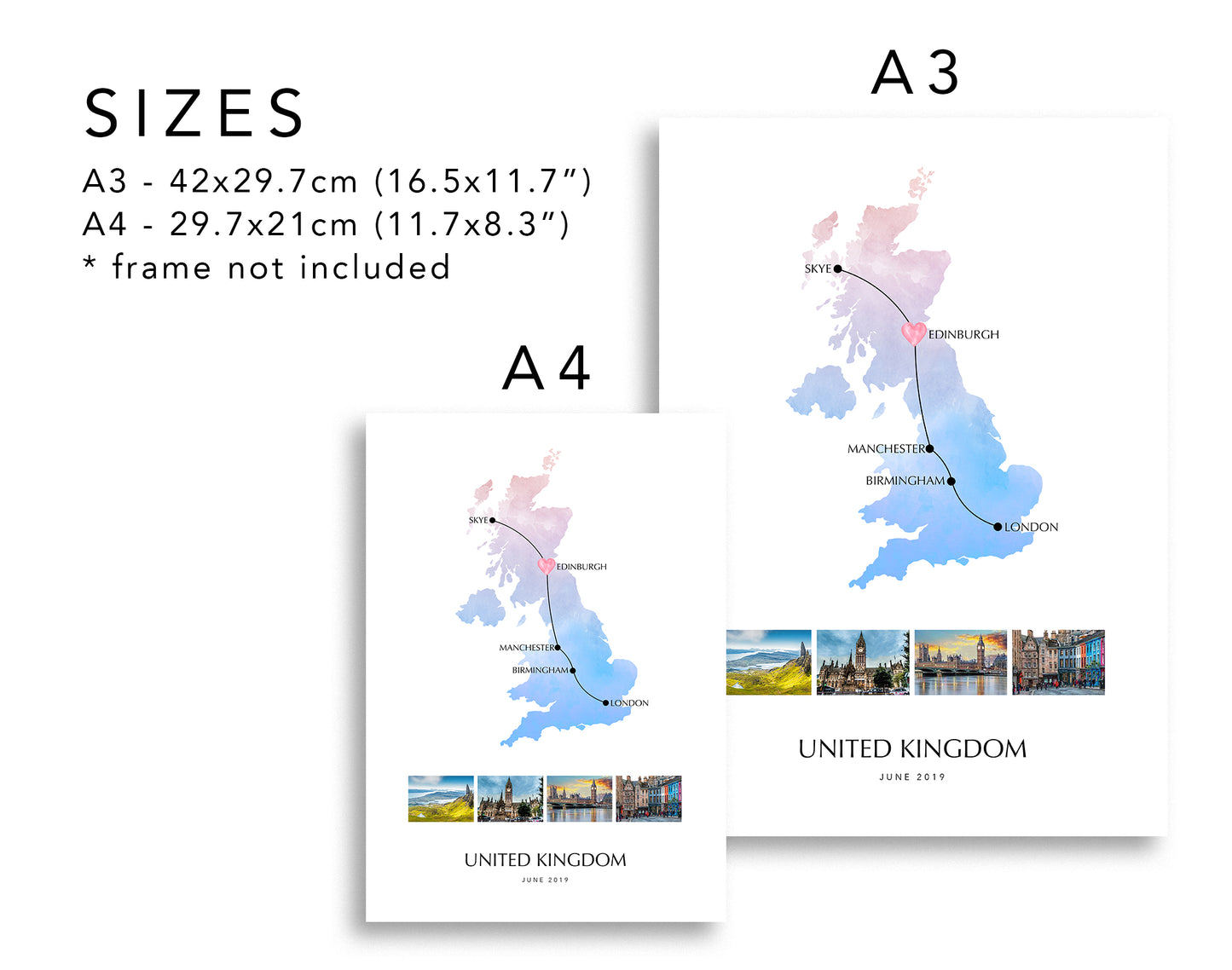 United Kingdom Personalised Travel Map Print with Photo Collage