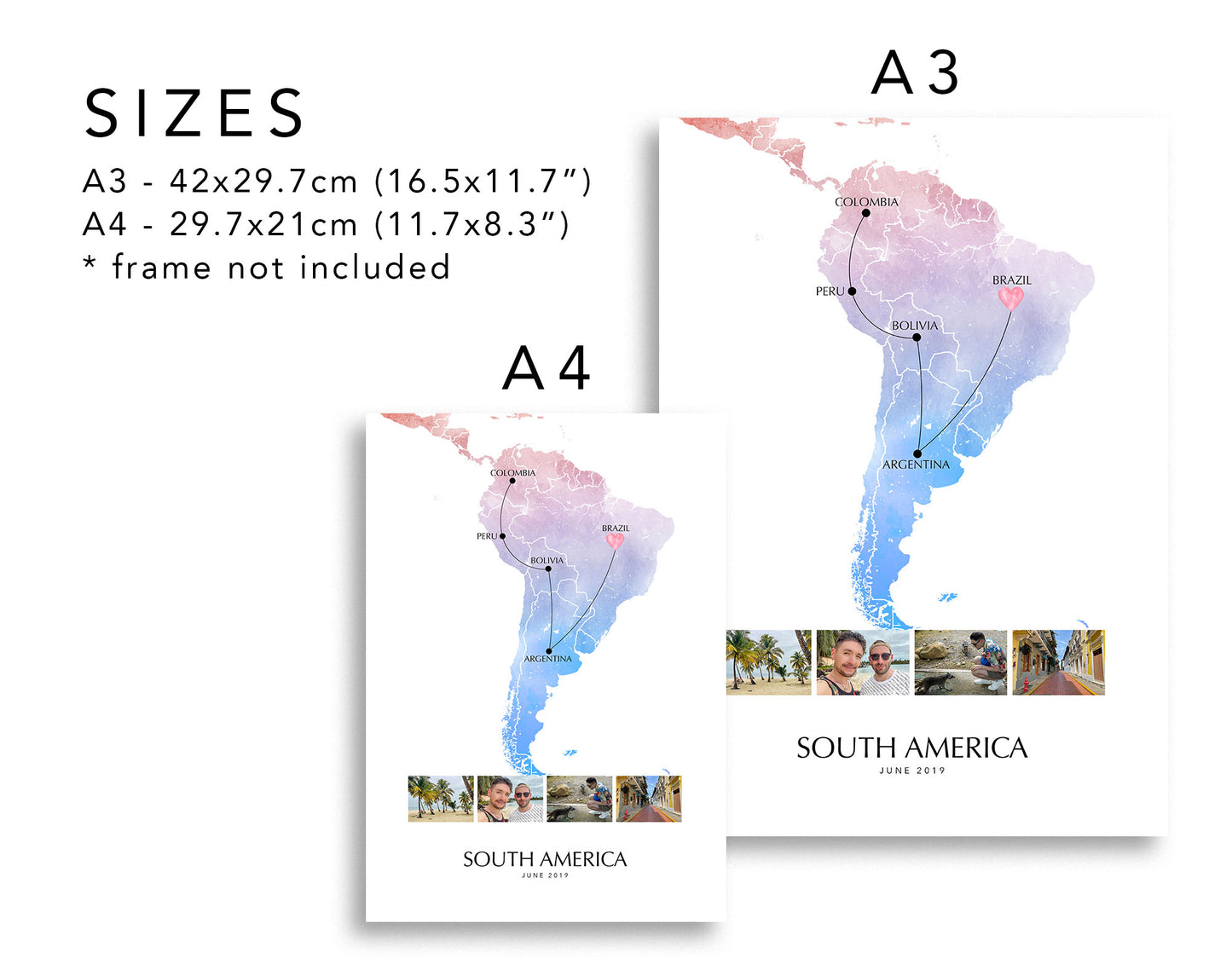 South America Personalised Travel Map Print with Photo Collage