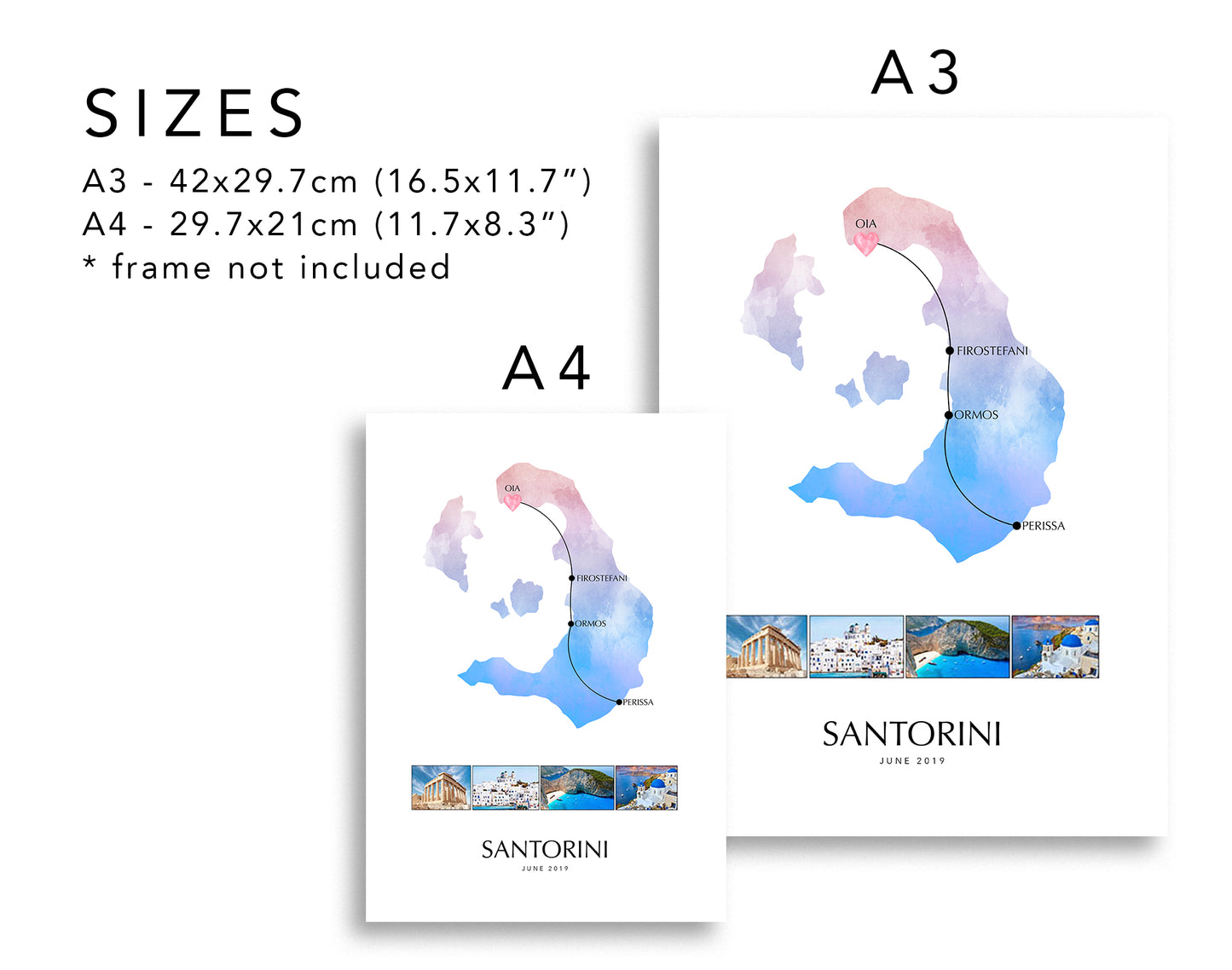 Santorini Personalised Travel Map Print with Photo Collage